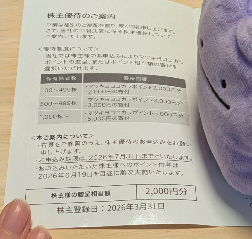 マツキヨココカラの株主優待案内のはがき