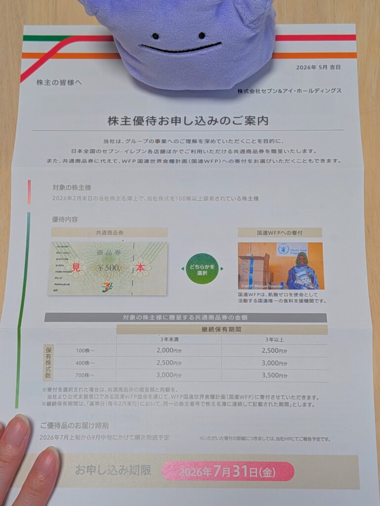 7&iの優待申し込みの案内用紙